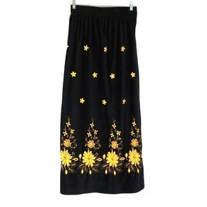 Vintage Black Maxi Skirt Yellow Embroidered Flowers by Elinor Gay Velveteen Long
